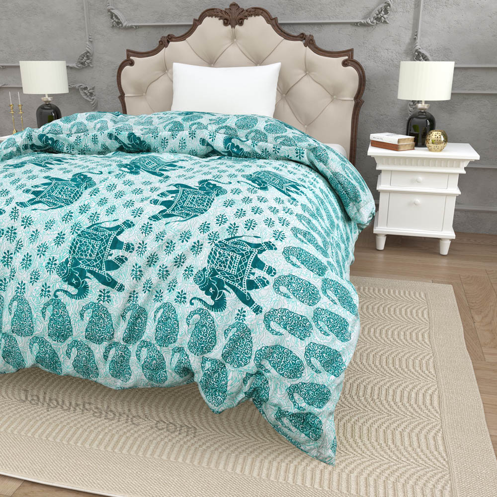 Jaipuri Quilt Sea Green Elephant Print 200Gsm Fine Cotton Single Bed Rajai