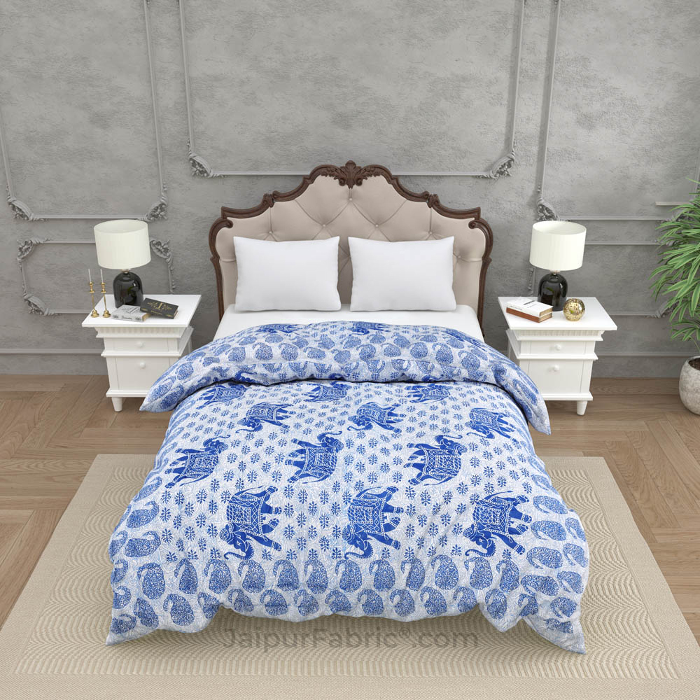 Jaipuri Quilt Blue Elephant Print 200Gsm Fine Cotton Double Bed Rajai