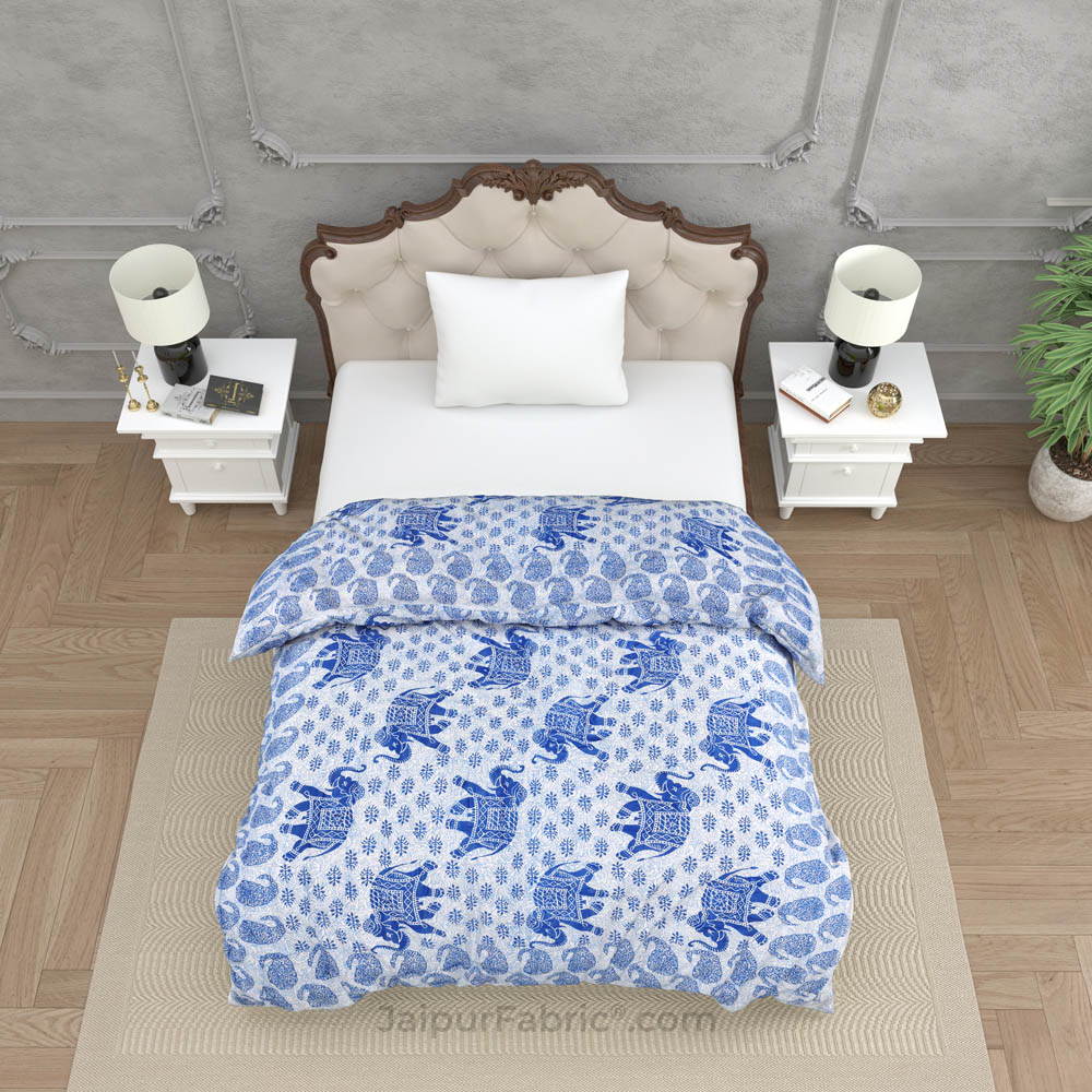Jaipuri Quilt Blue Elephant Print 200Gsm Fine Cotton Single Bed Rajai