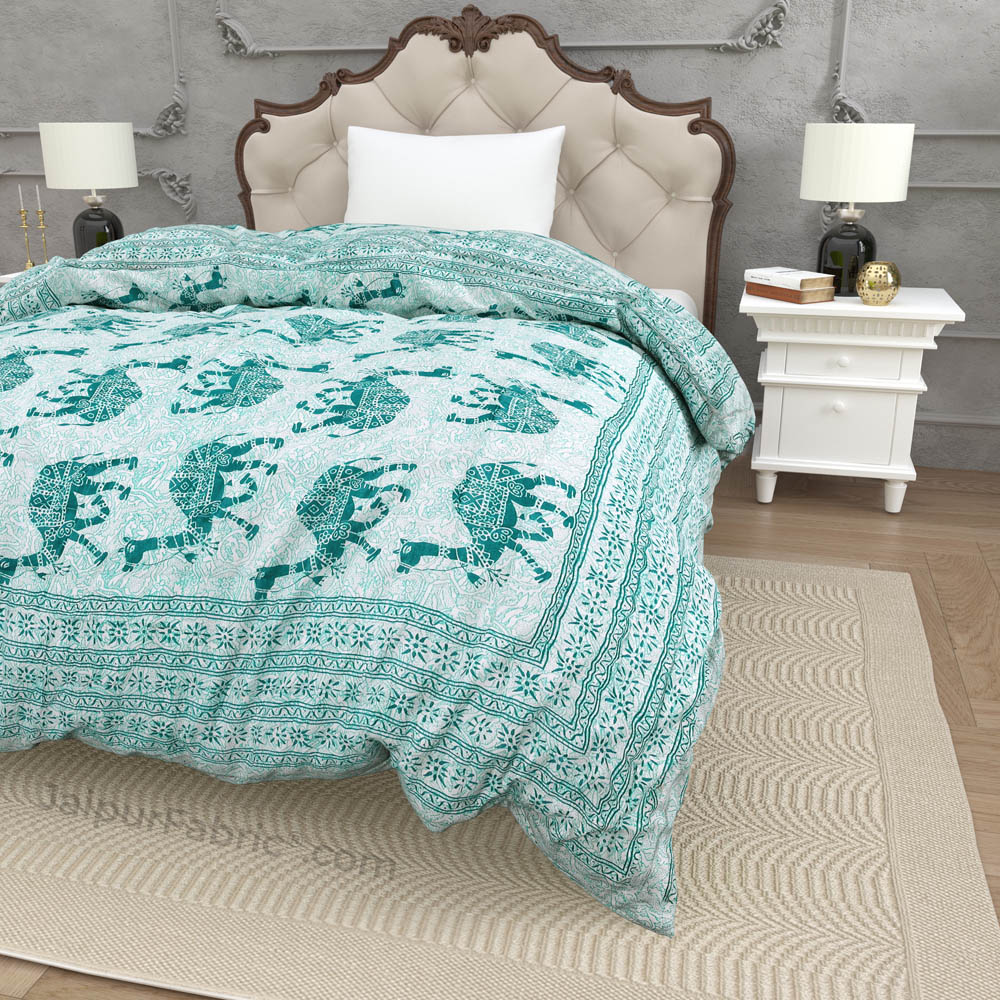Jaipuri Quilt Sea Green Camel Print 200Gsm Fine Cotton Single Bed Rajai