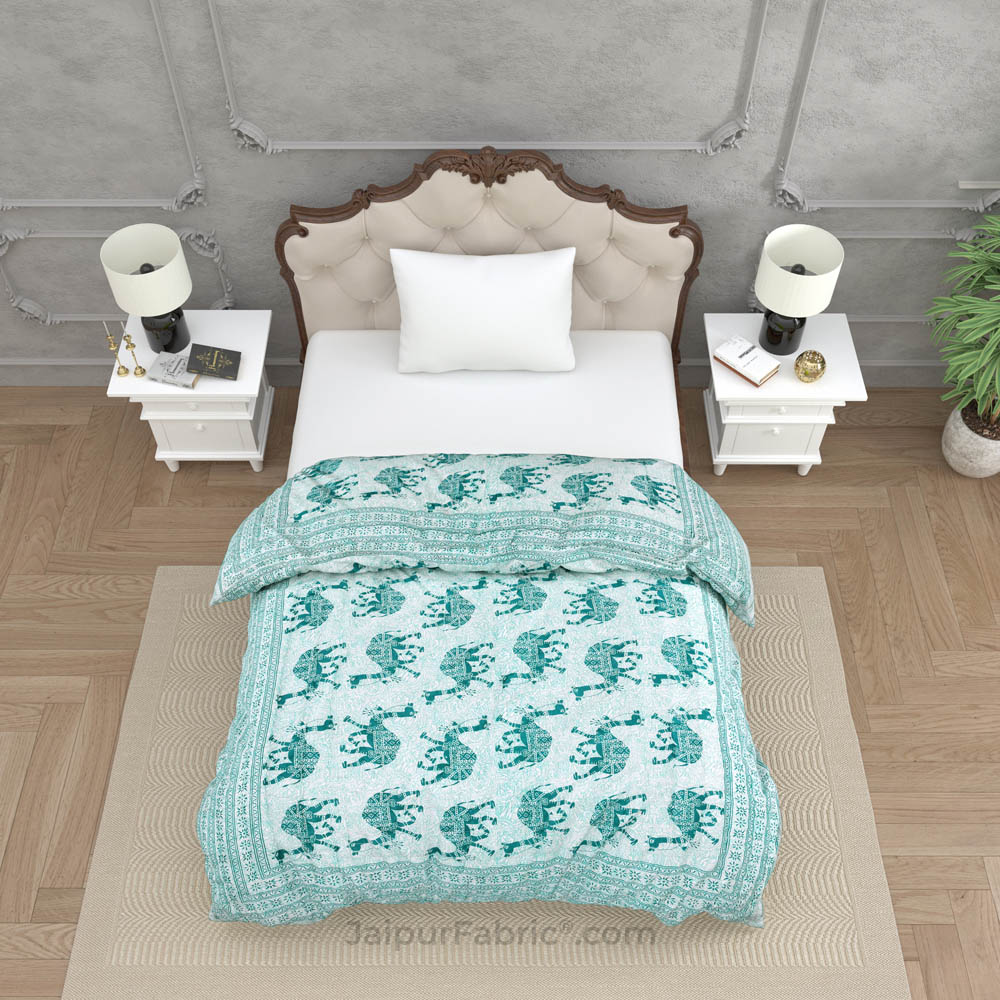 Jaipuri Quilt Sea Green Camel Print 200Gsm Fine Cotton Single Bed Rajai