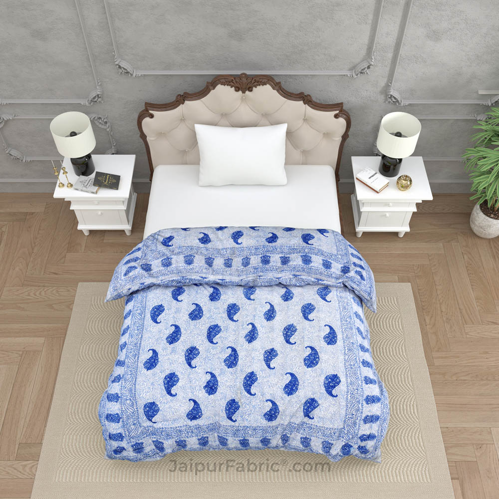 Jaipuri Blue Paisley Print 200Gsm Fine Cotton Single Bed Rajai