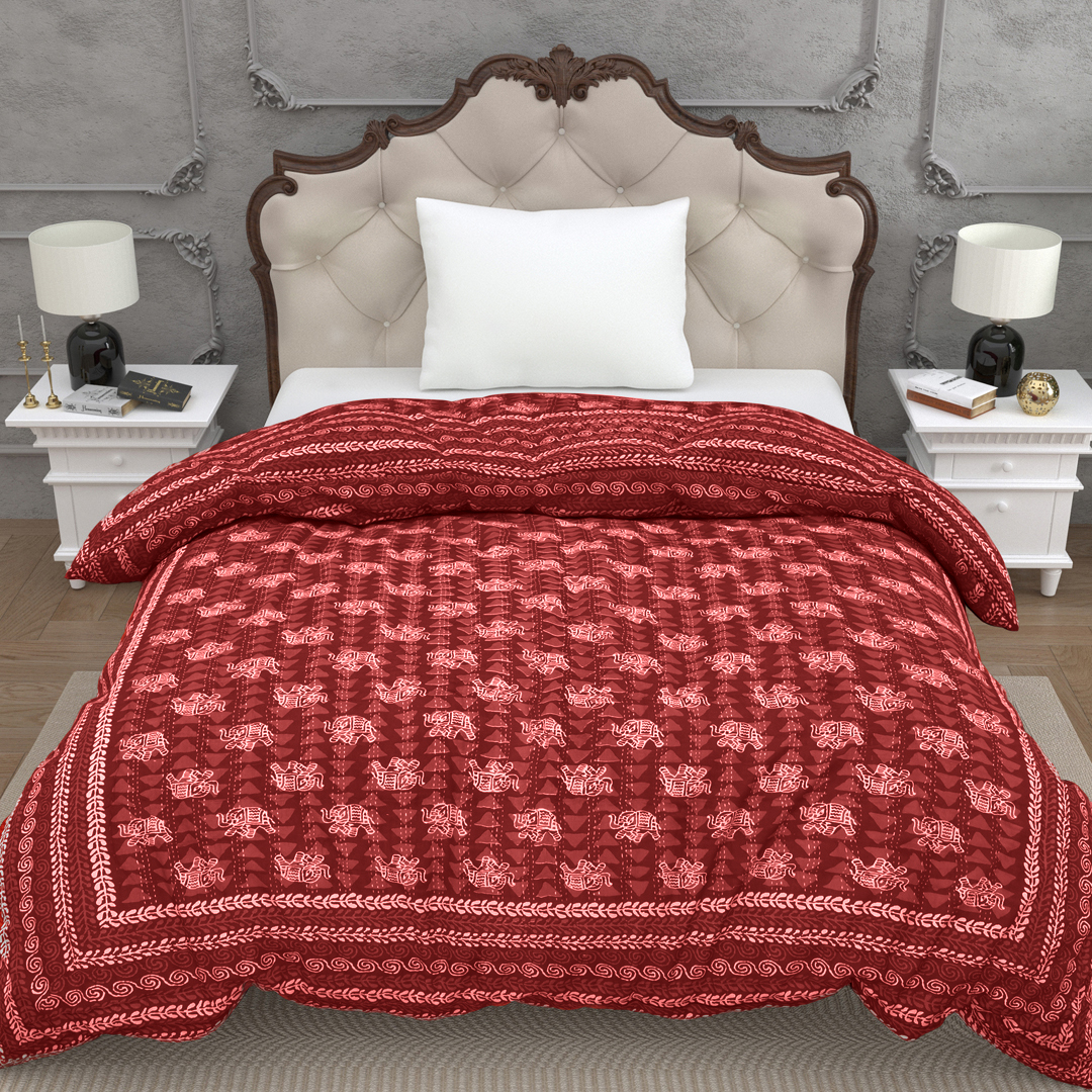 Jaipuri Rajai Daabu Traditional Print 300GSM Fine Cotton Maroon Single Bed Quilt
