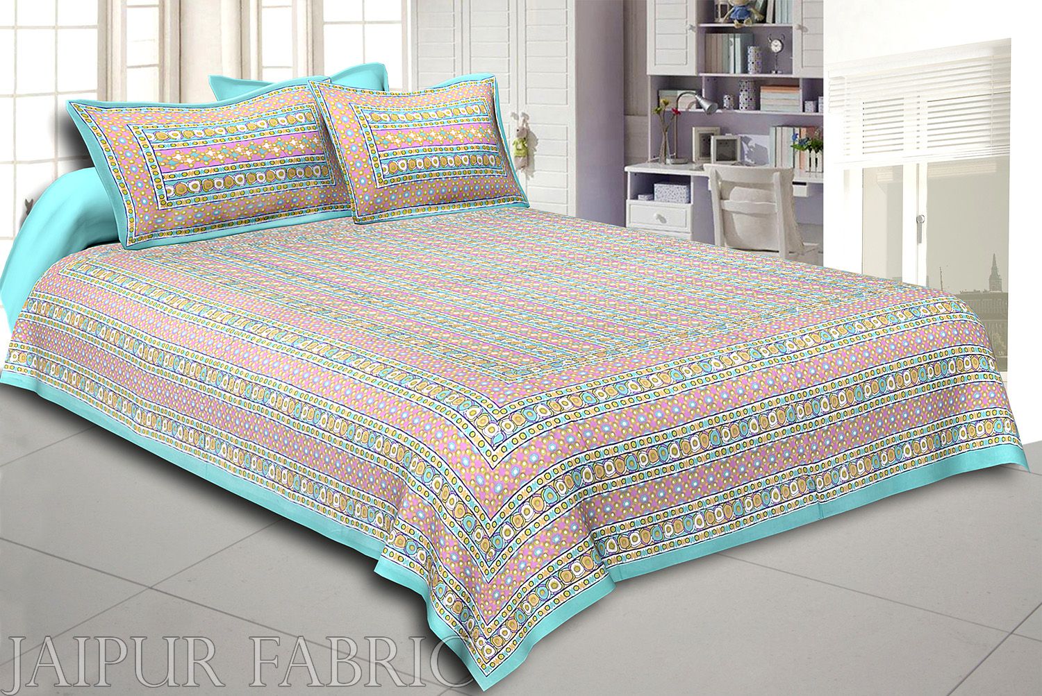 Cyan Border Multi Color Patchrs Screen Print Cotton Double Bed Sheet