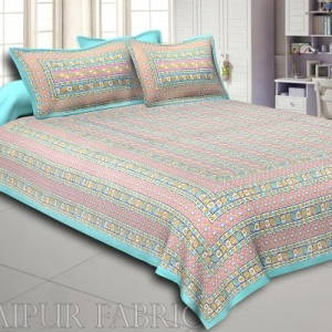 Cyan Border Multi Color Patchrs Screen Print Cotton Double Bed Sheet