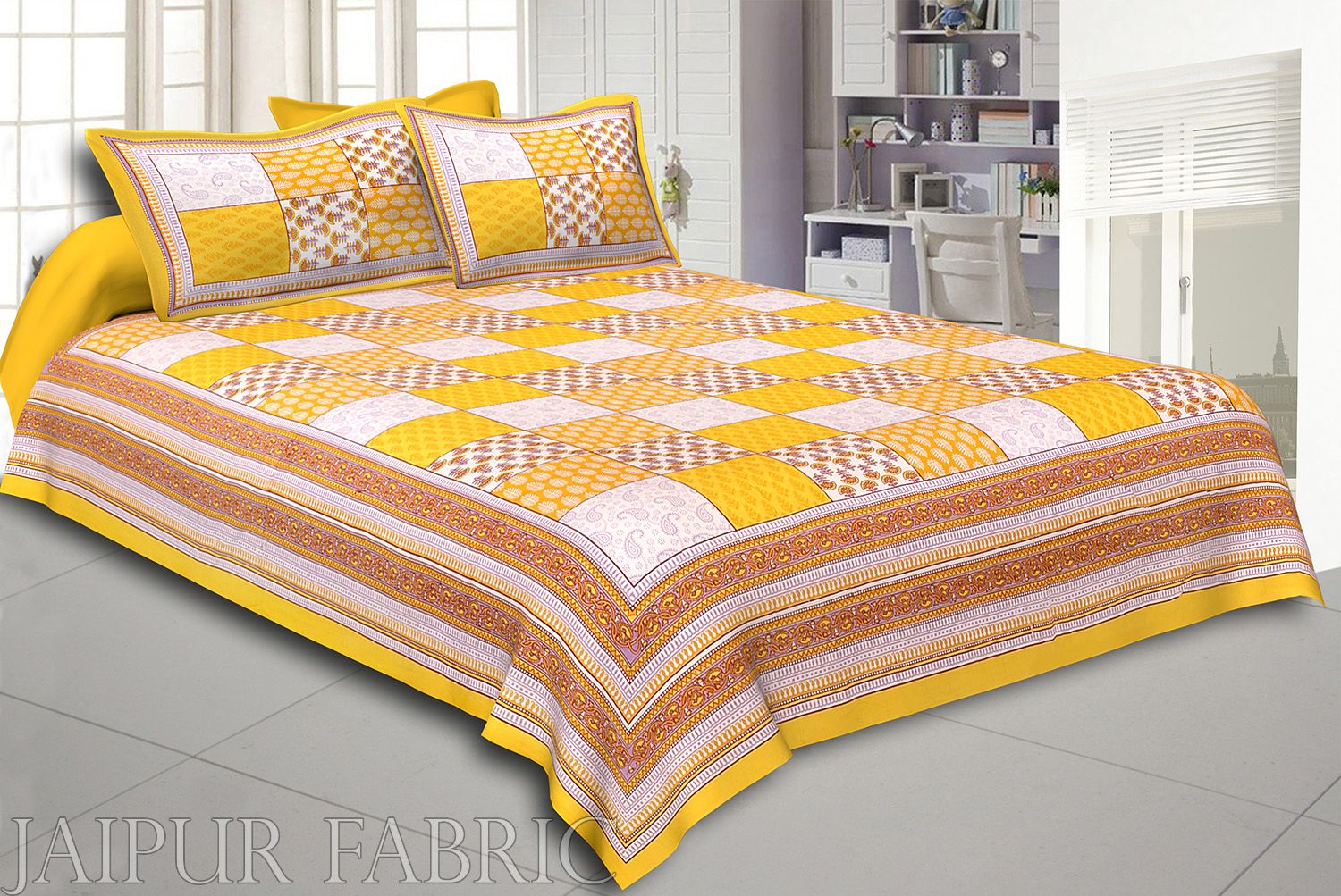 Yellow Border Square Pattern Screen Print Cotton Double Bed Sheet