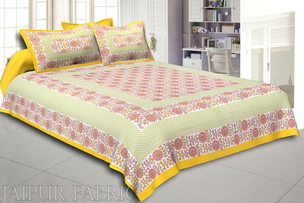Yellow Color Flower Pattern Screen Print Cotton Double Bed Sheet