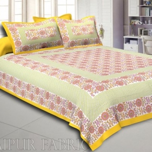 Yellow Color Flower Pattern Screen Print Cotton Double Bed Sheet