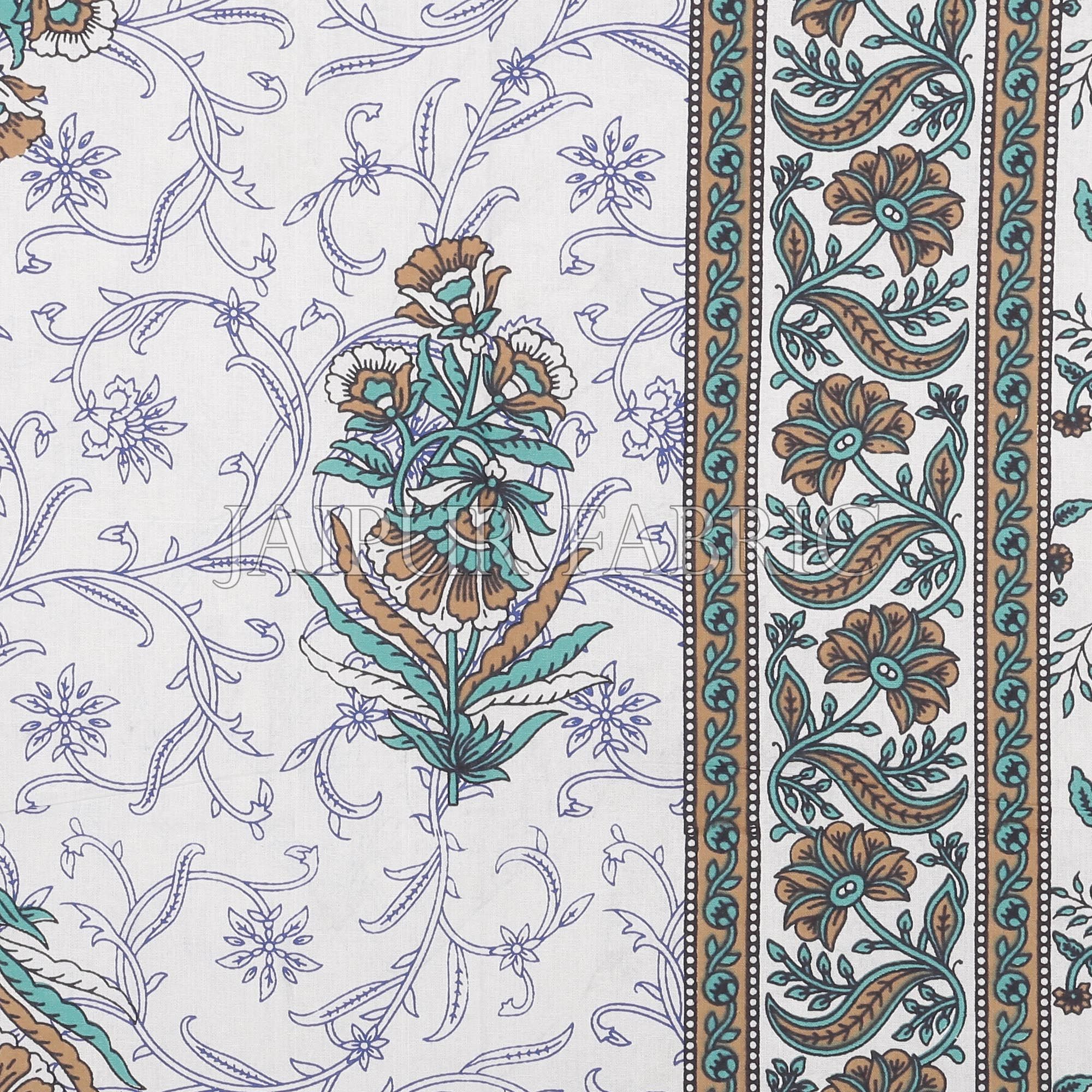 Blue Border White Base Flower & Leaf Pattern Screen Print Cotton Double Bed Sheet