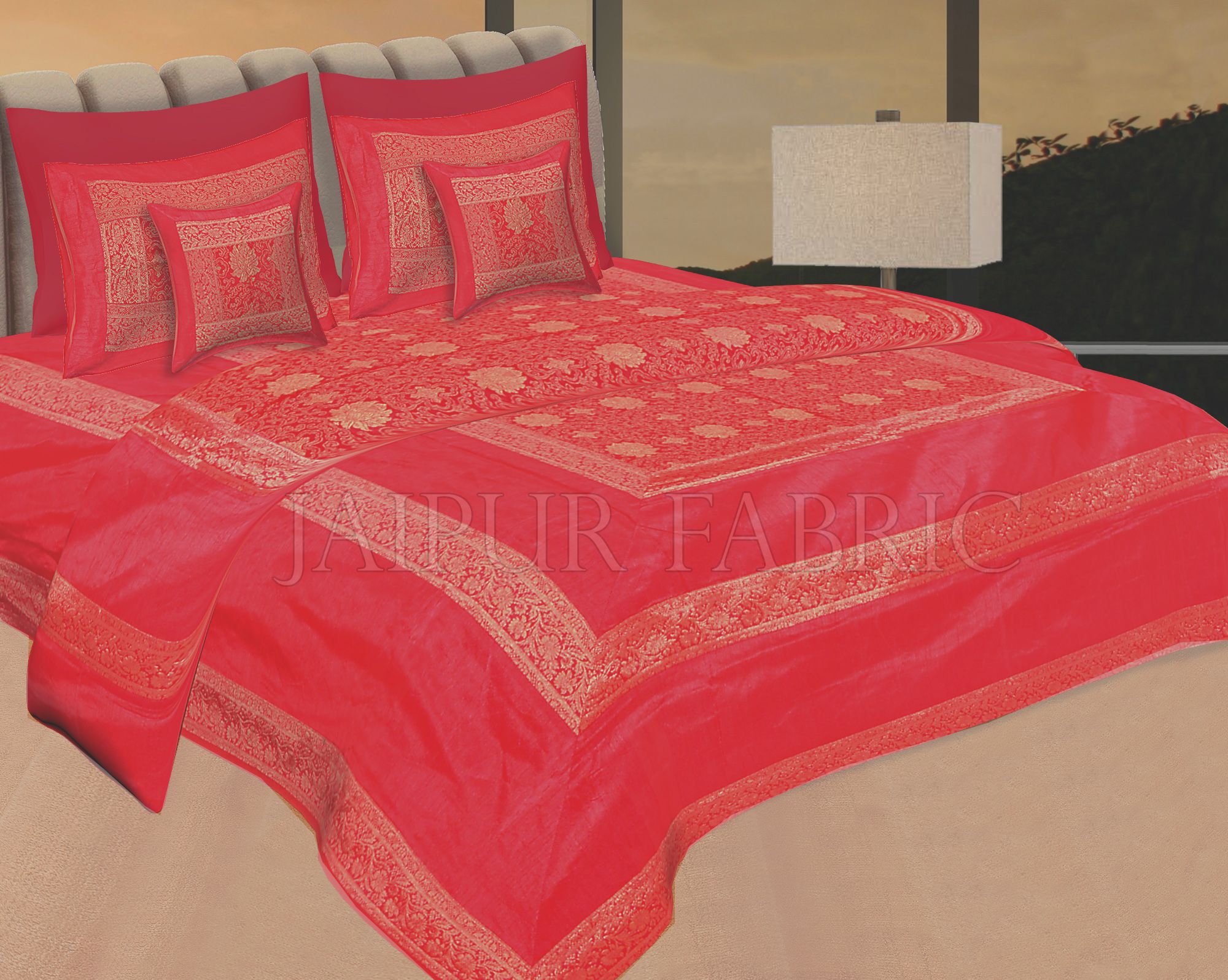 Red Rajasthani Zari Embroidered Lace Work Silk Double Bed Sheet