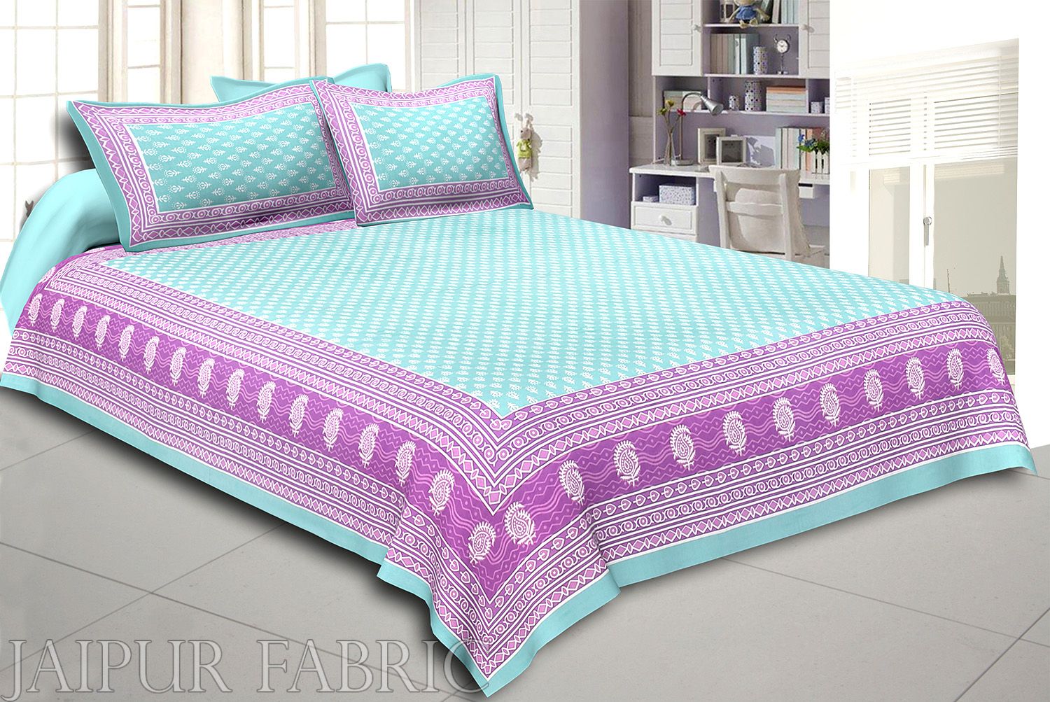 Green Border Leaf Pattern Screen Print Cotton Double Bed Sheet