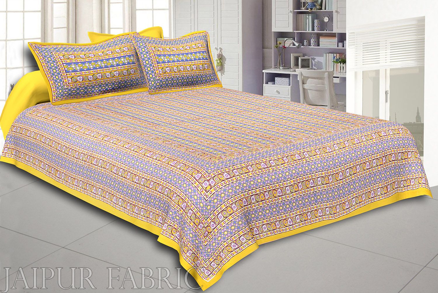 Yellow Border Multi Color Patchrs Screen Print Cotton Double Bed Sheet