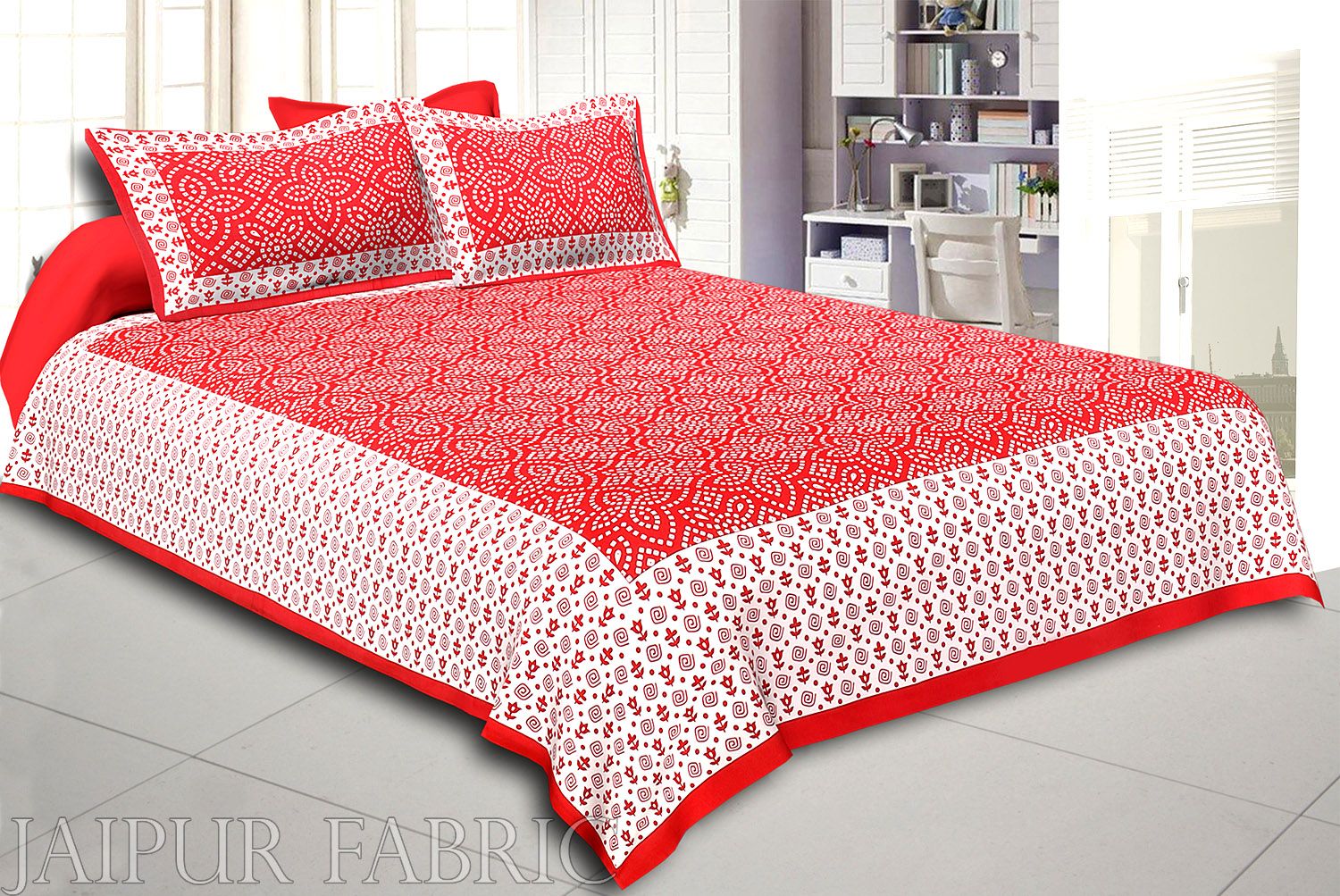 Red Border White Base Bandhej Pattern Screen Print Cotton Double Bed Sheet