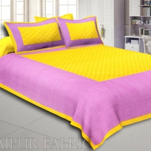 Yellow Border Purple Base Leaf Pattern Screen Print Cotton Double Bed Sheet