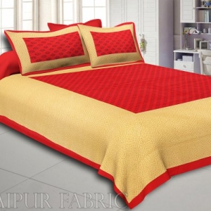 Red Border Brown Base Leaf Pattern Screen Print Cotton Double Bed Sheet