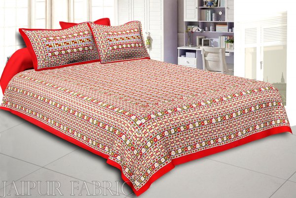 Red Border Multi Color Patchrs Screen Print Cotton Double Bed Sheet