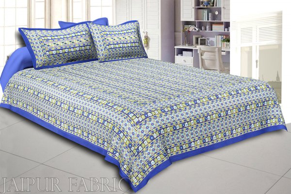 Blue Border Multi Color Patchrs Screen Print Cotton Double Bed Sheet