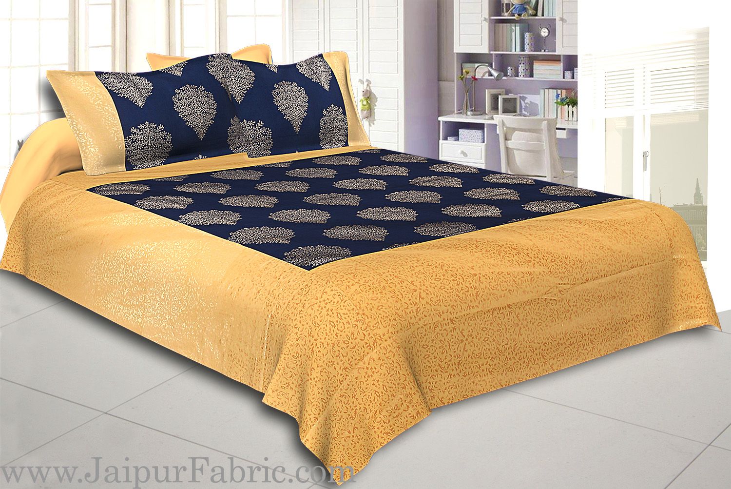 Cream Broad Border With Shining Gold Print Navy Blue Base Gold Small Tree  Pattern Super Fine Cotton  Double Bed Sheet