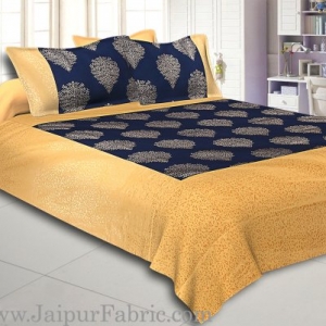 Cream Broad Border With Shining Gold Print Navy Blue Base Gold Small Tree  Pattern Super Fine Cotton  Double Bed Sheet