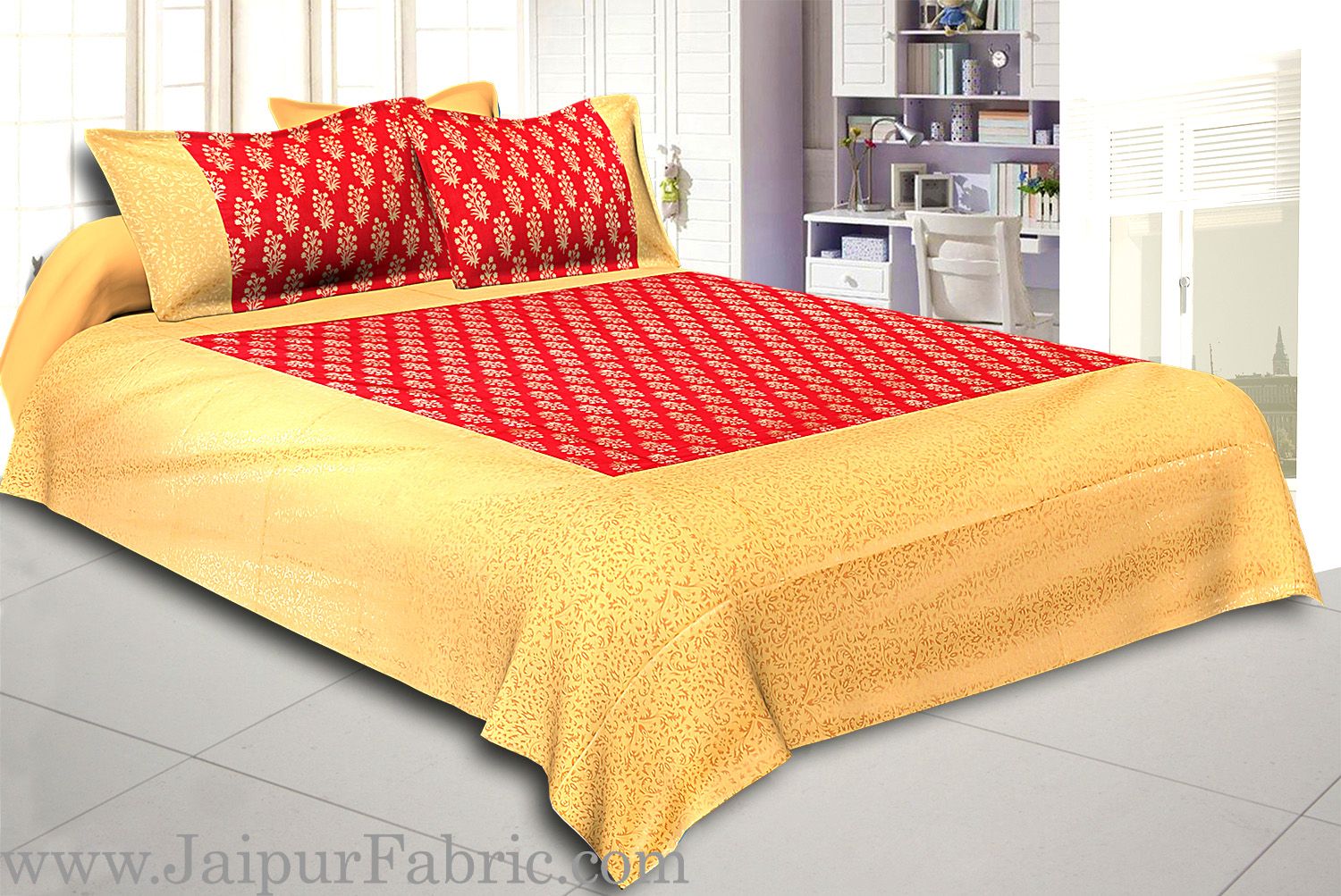 Cream Broad Border With Shining Gold Print Orange Base Gold Flower Bunch Pattern Super Fine Cotton  Double Bed Sheet