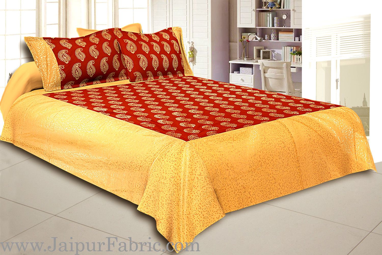 Cream Broad Border With Shining Gold Print Red  Base Gold Kerry Pattern Super Fine Cotton  Double Bed Sheet