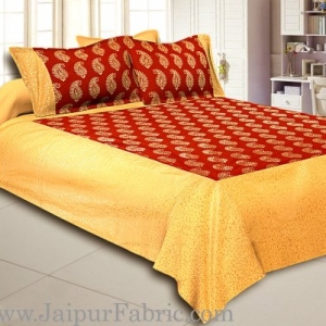 Cream Broad Border With Shining Gold Print Red  Base Gold Kerry Pattern Super Fine Cotton  Double Bed Sheet