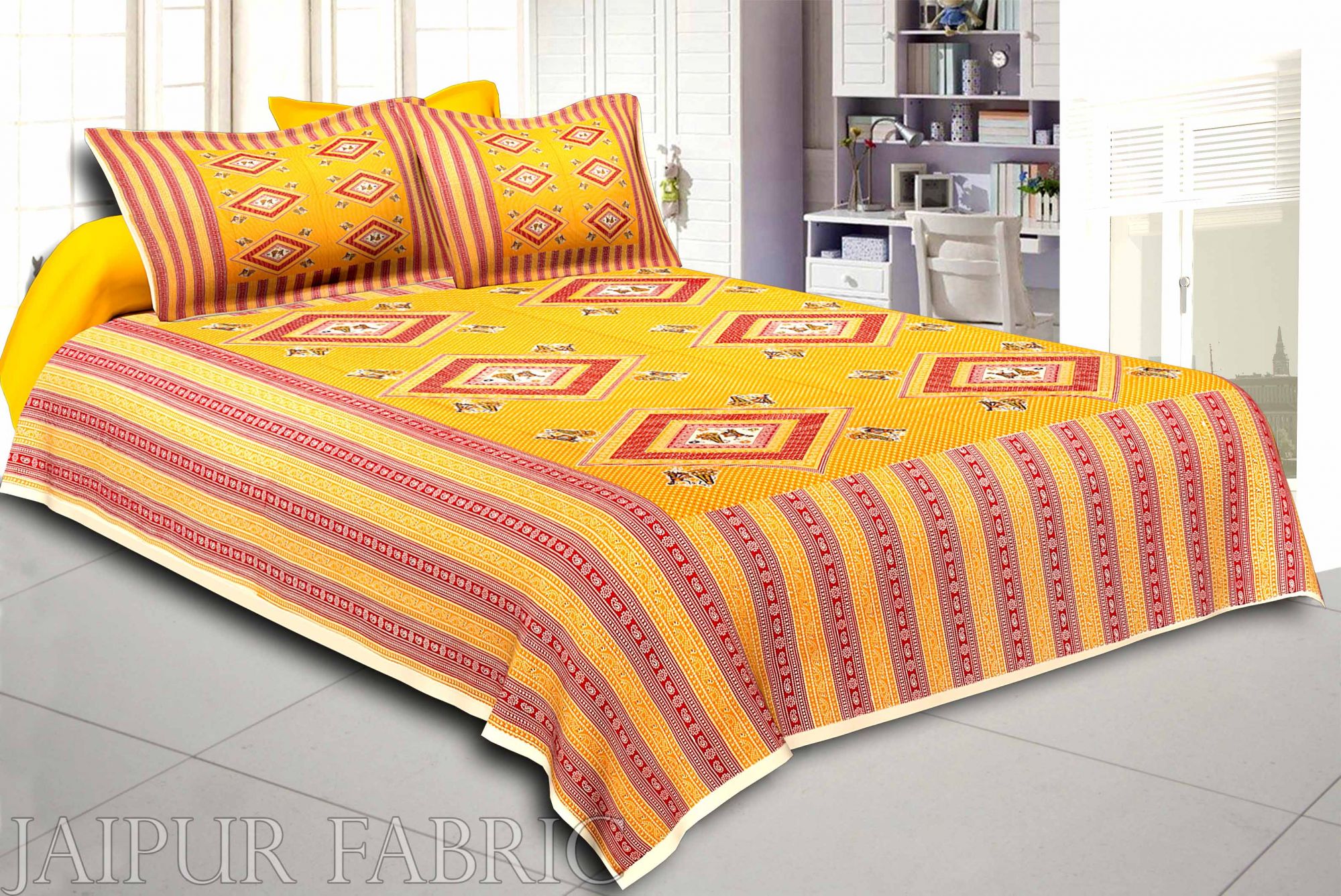 Cream Border Orange Base Dancing Couple Pattern Screen Print Cotton Double Bed Sheet