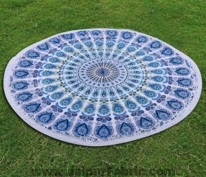 Blue Mandala Printed Wall Hanging Round Roundies Beach Throw Cotton Yoga Mat Table Cloths Table Cover Picnic Mat Tapestry Picnic Blanket Mat 72&quot; by Handicraft-Palace