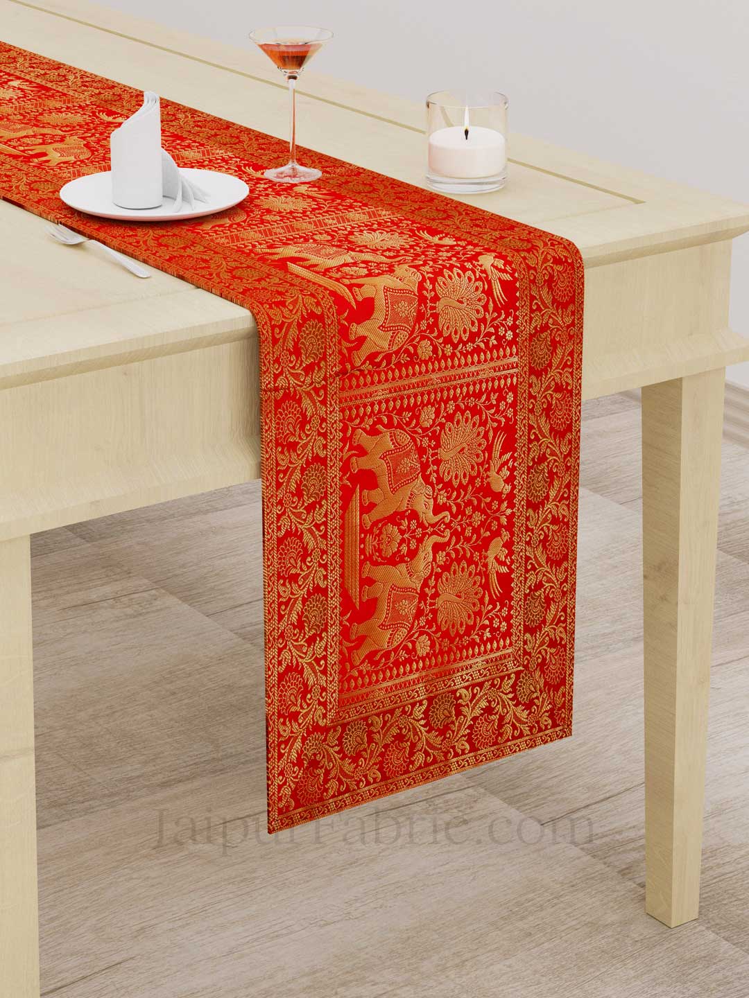 Royal Elephants Red Silk Table Runner