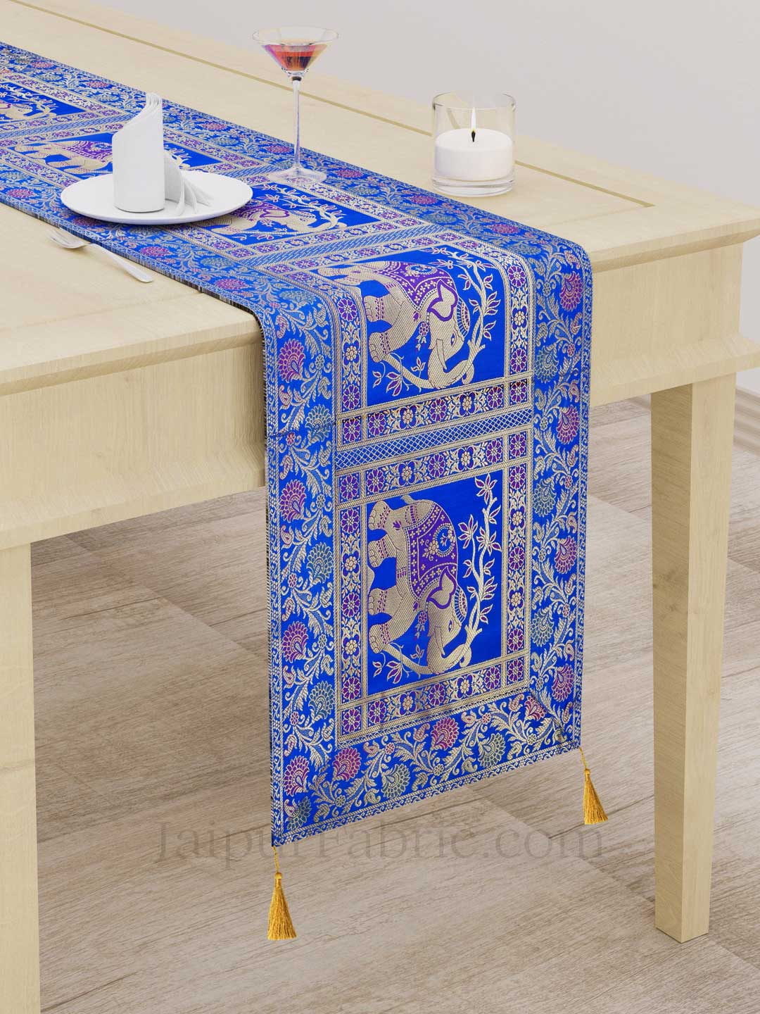 Imperial Elephant Blue Silk Table Runner