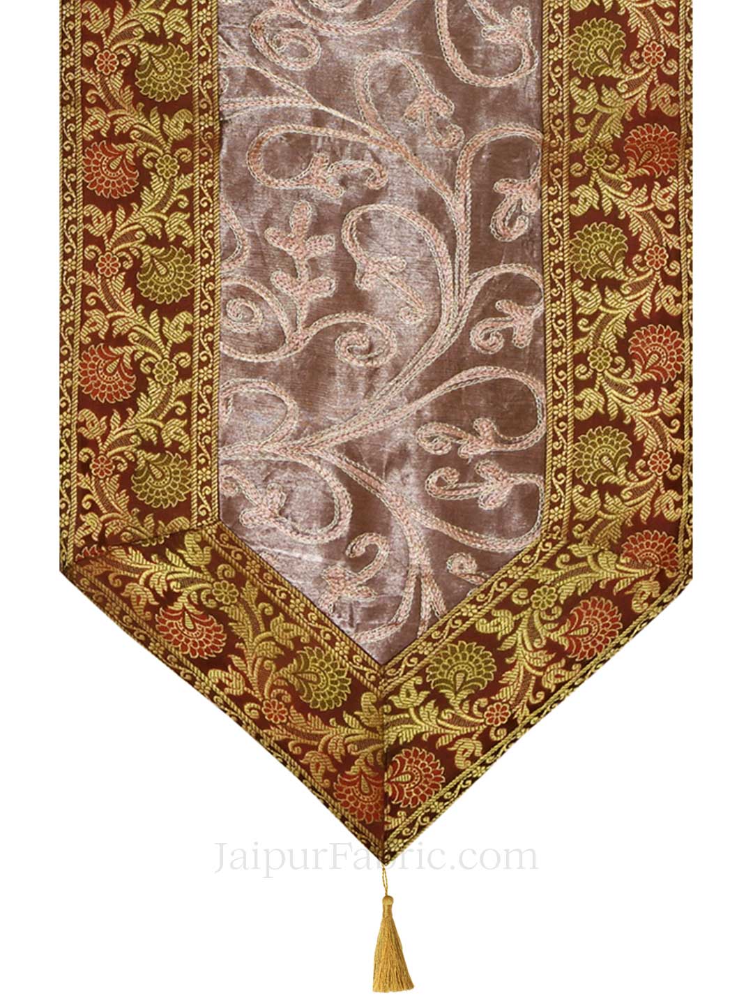 Traditional Thread Work Brown Silk Table Runner