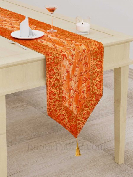 Traditional Thread Work Orange Silk Table Runner