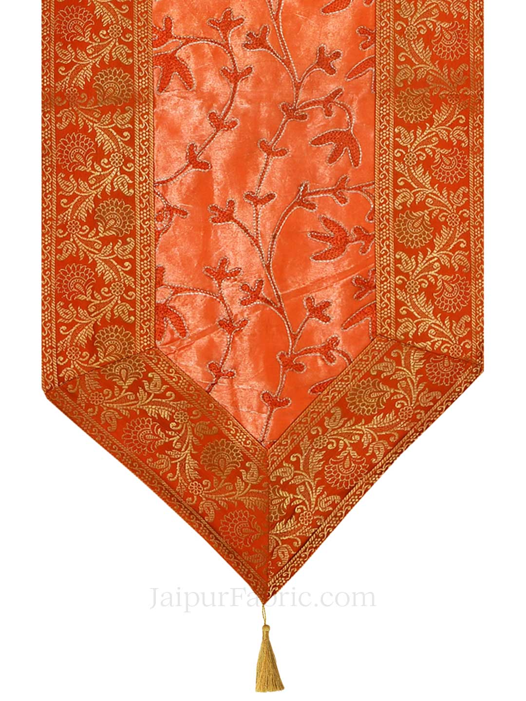 Traditional Thread Work Orange Silk Table Runner