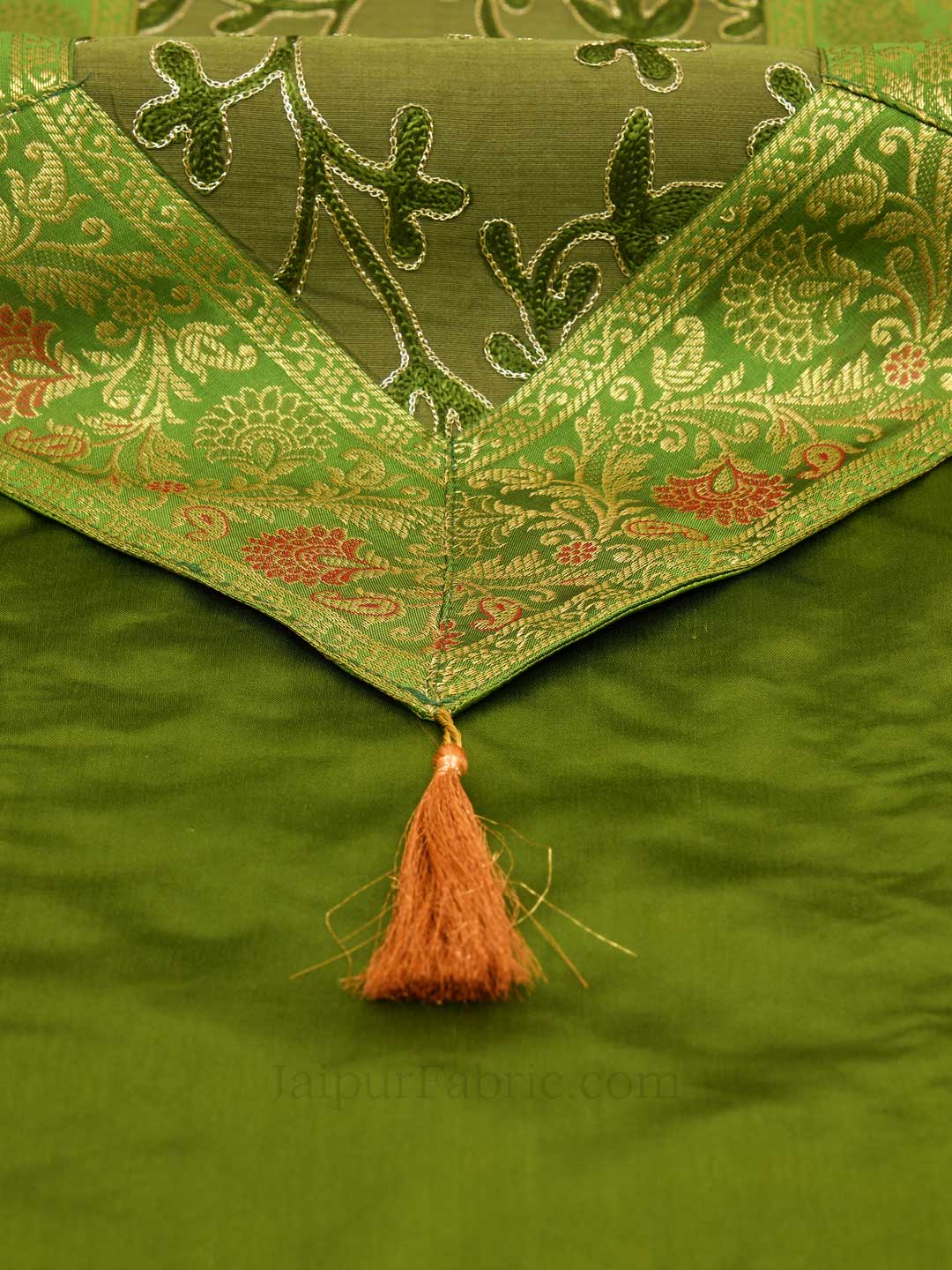 Traditional Thread Work Green Silk Table Runner
