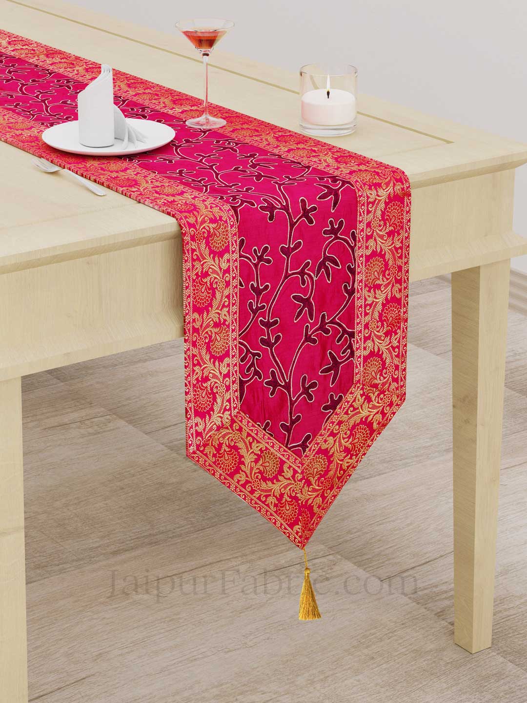 Traditional Thread Work Pink Silk Table Runner