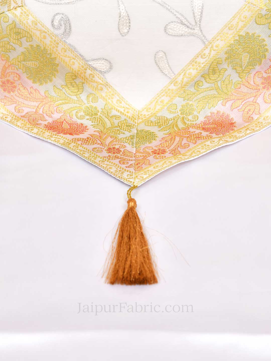 Traditional Thread Work White Silk Table Runner
