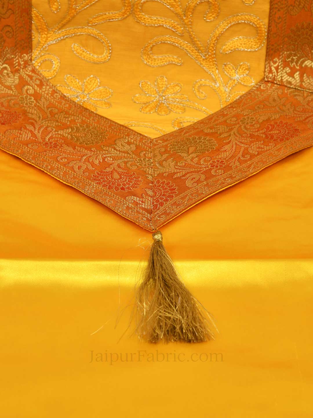 Traditional Thread Work Yellow Silk Table Runner