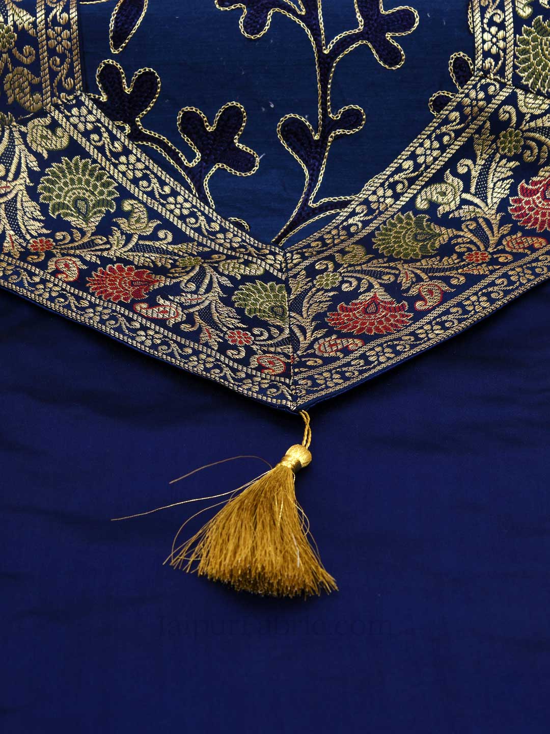 Traditional Thread Work Blue Silk Table Runner