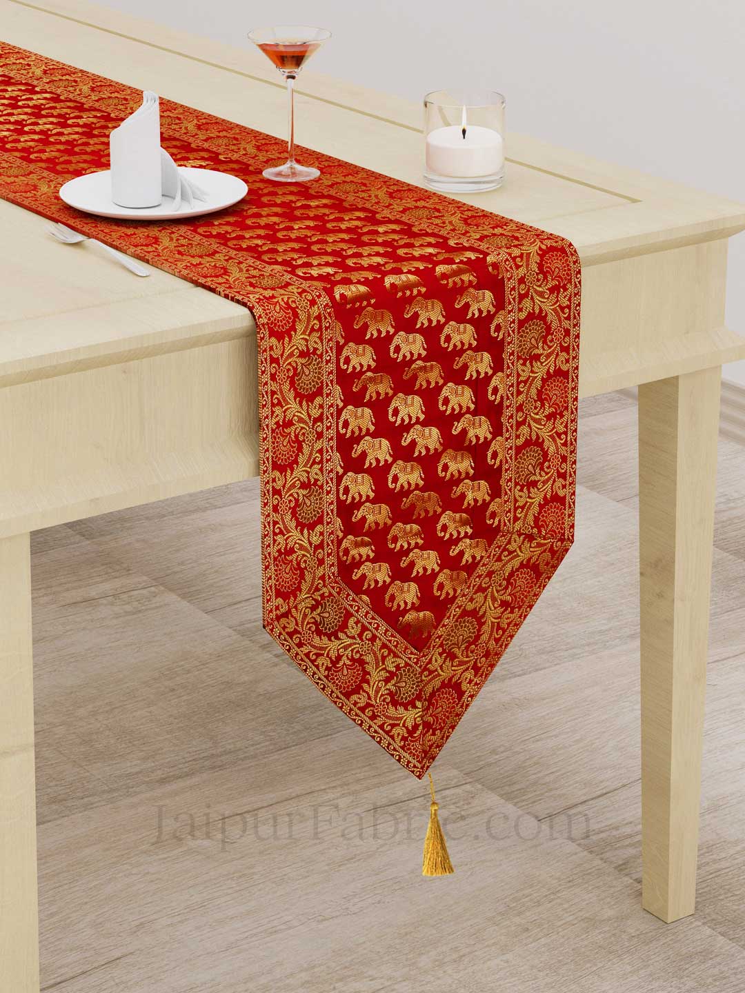 Traditional Elephant Print Orange Silk Table Runner