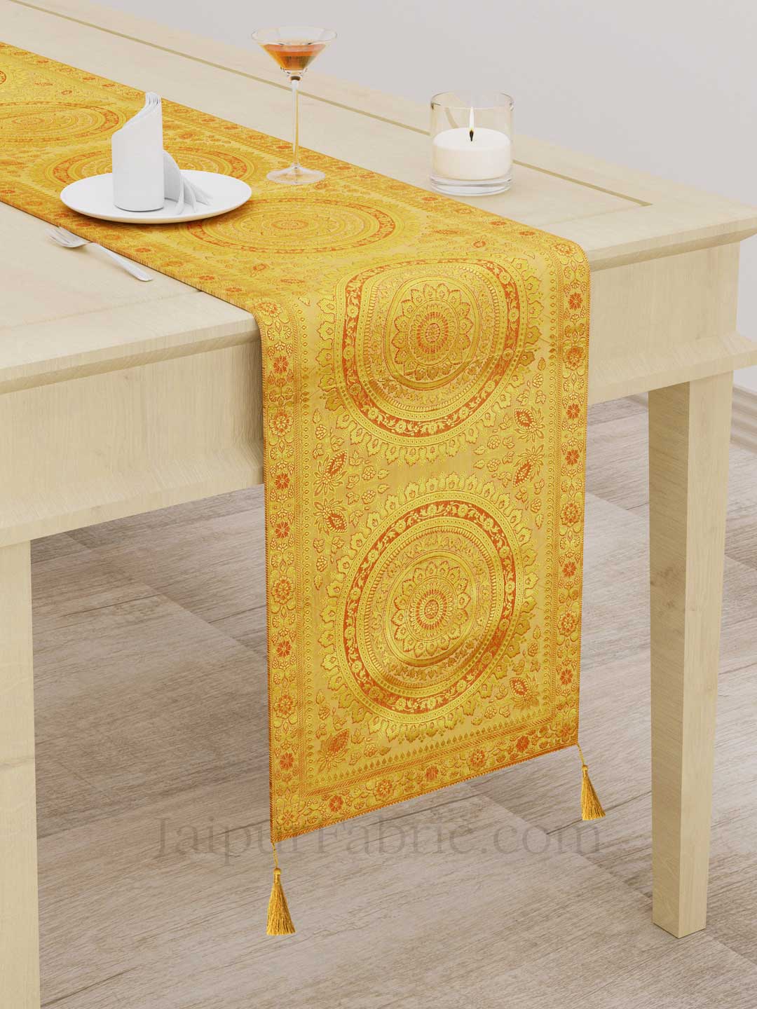 Rich Rangoli Pattern Yellow Silk Table Runner