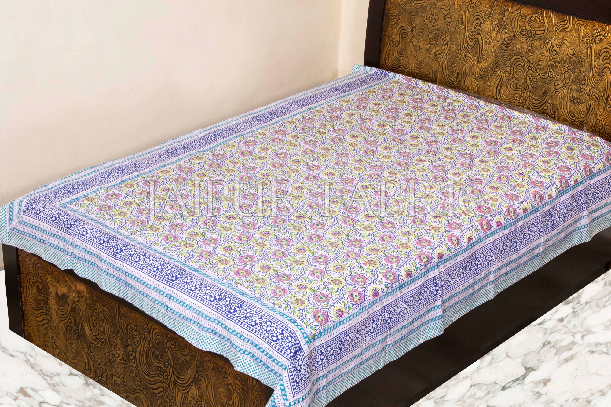 Traditional Pastel Blue Color Printed Rajasthani Single Bed Sheet