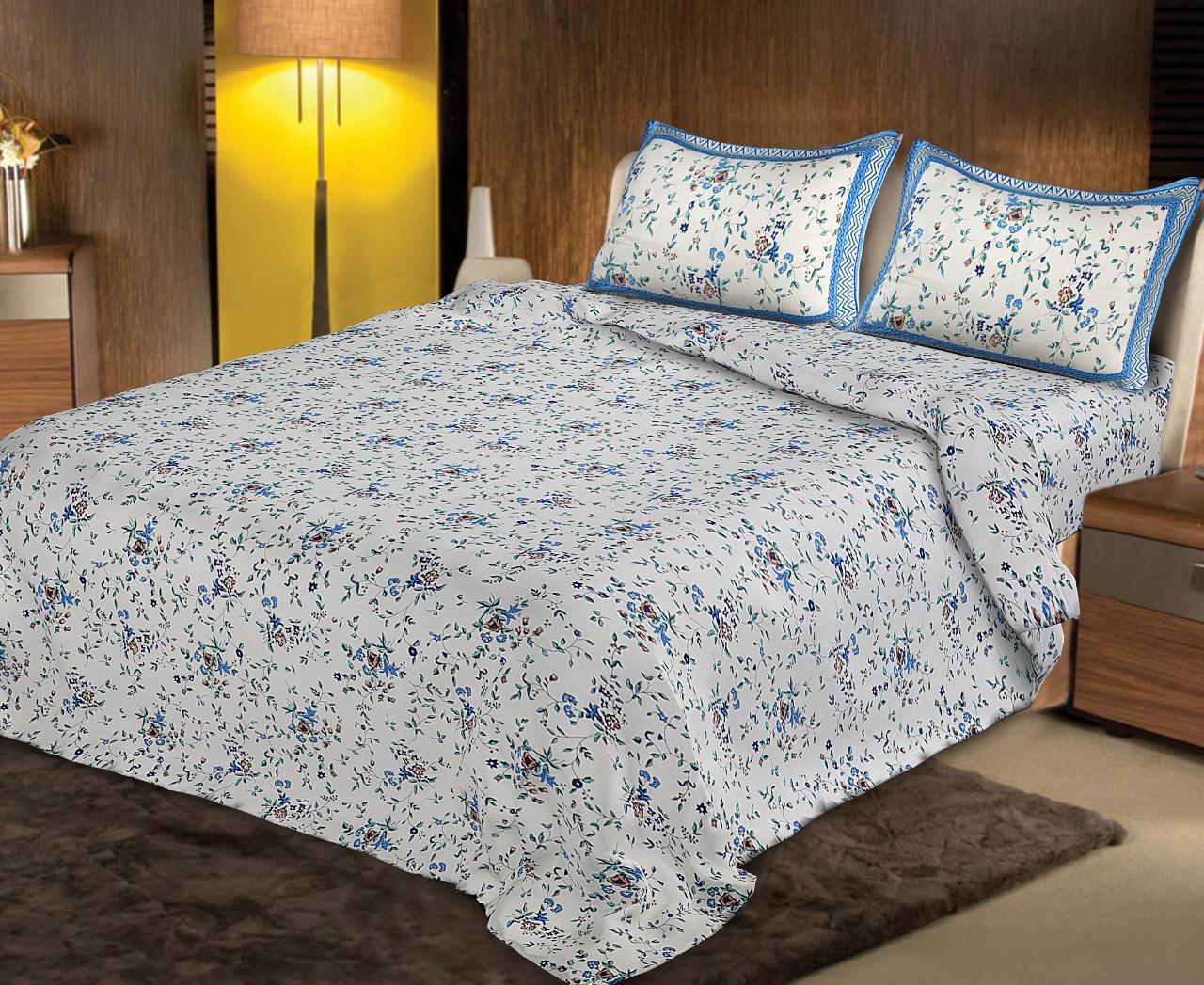 Pure Cotton 240 TC Double bedsheet in blue seamless floral print