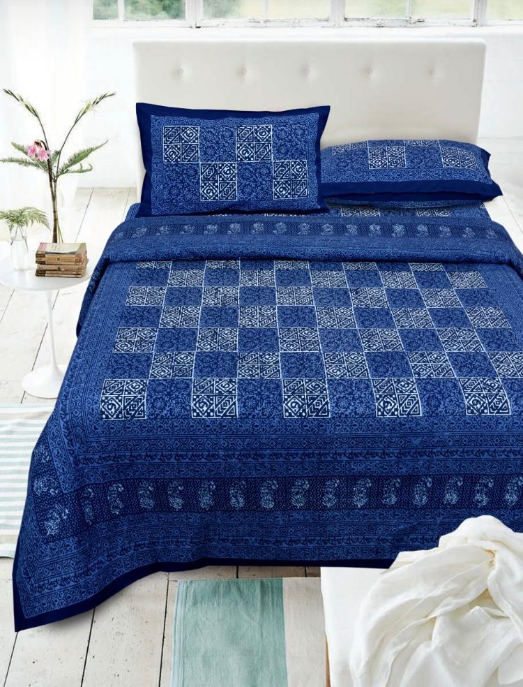 Royal Blue Check Pure Cotton Jaipuri Dabu Print Bedsheet