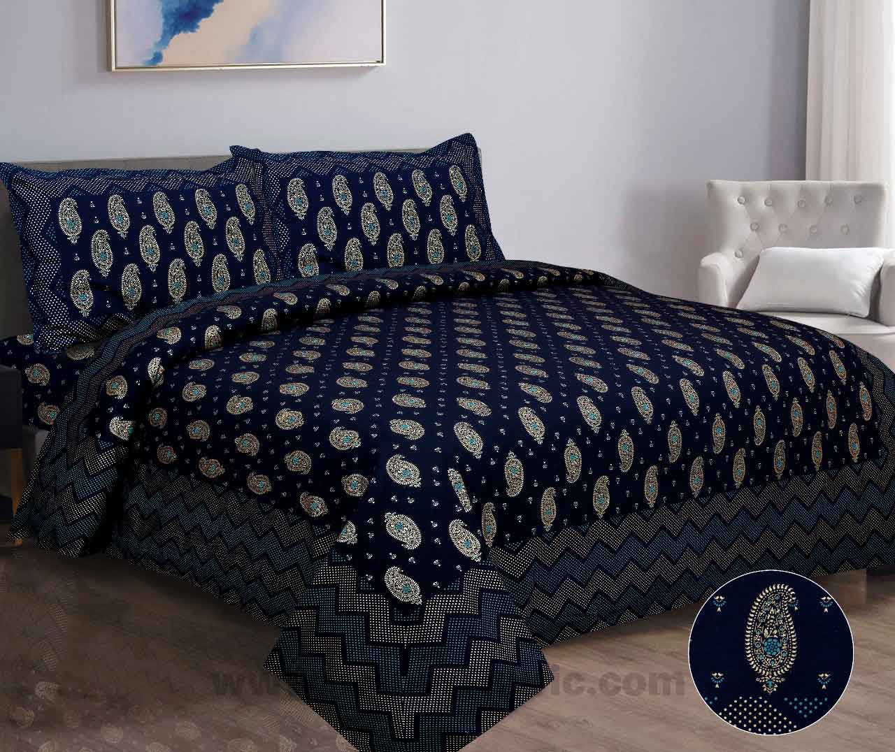 Traditional Goldi Nay Blue King Size BedSheet