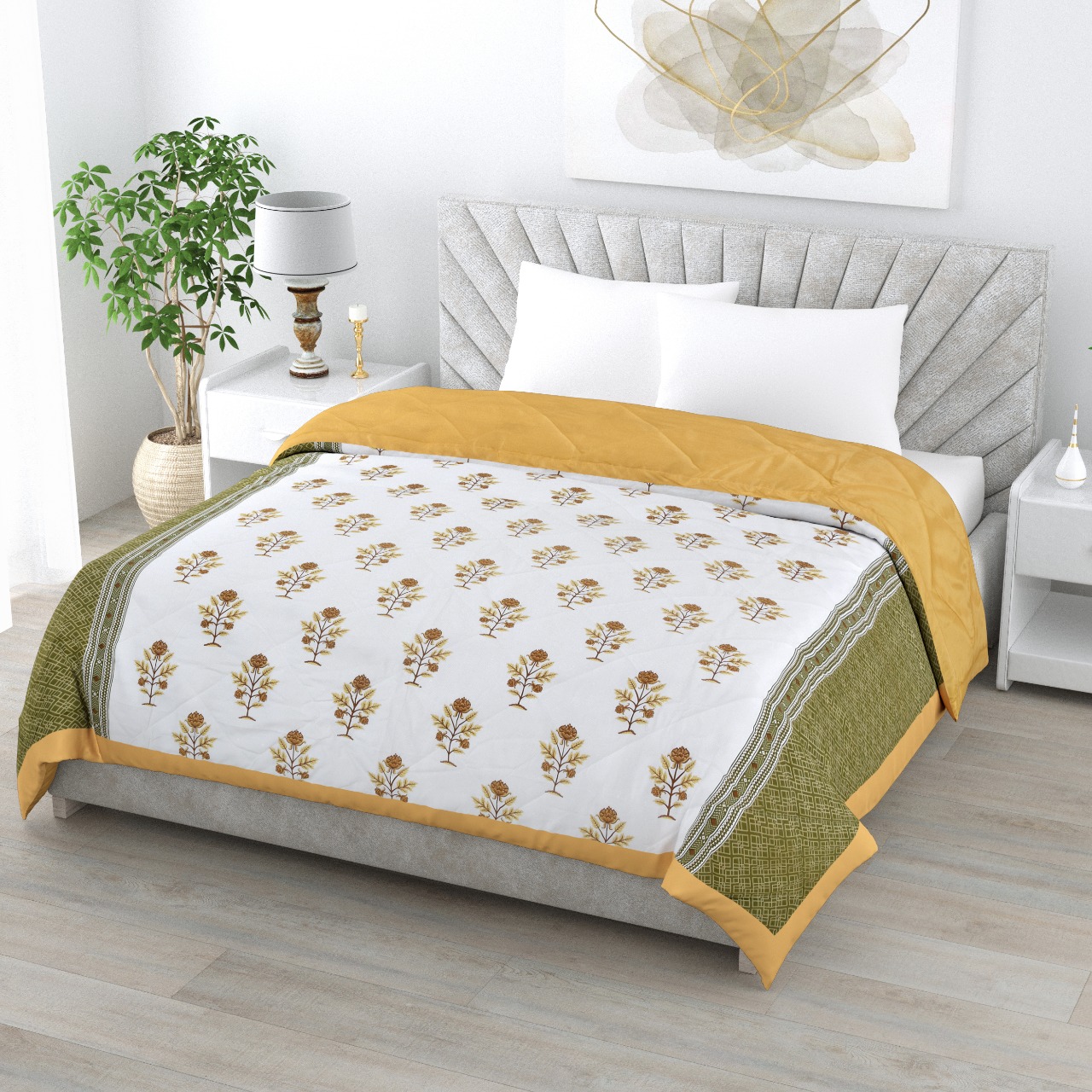 Floral Print Yellow Cotton Quilted Bedcover Comforter Blanket