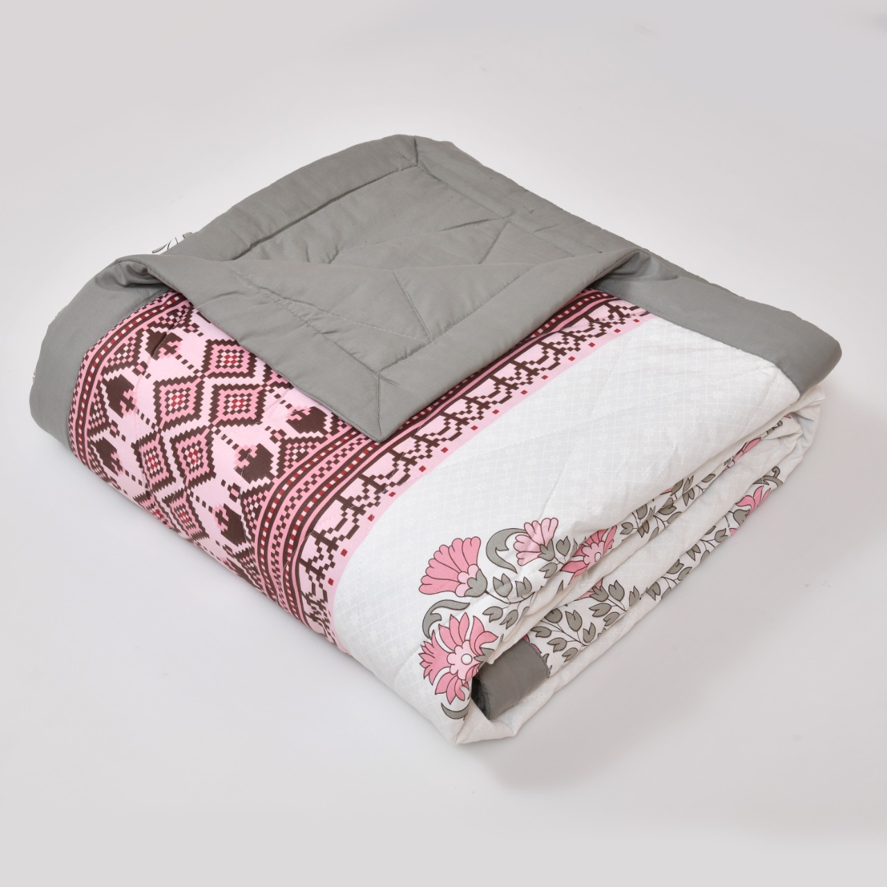 Floral Print Pink Cotton Quilted Bedcover Comforter Blanket