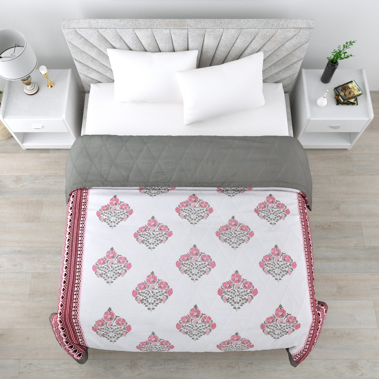 Floral Print Pink Cotton Quilted Bedcover Comforter Blanket