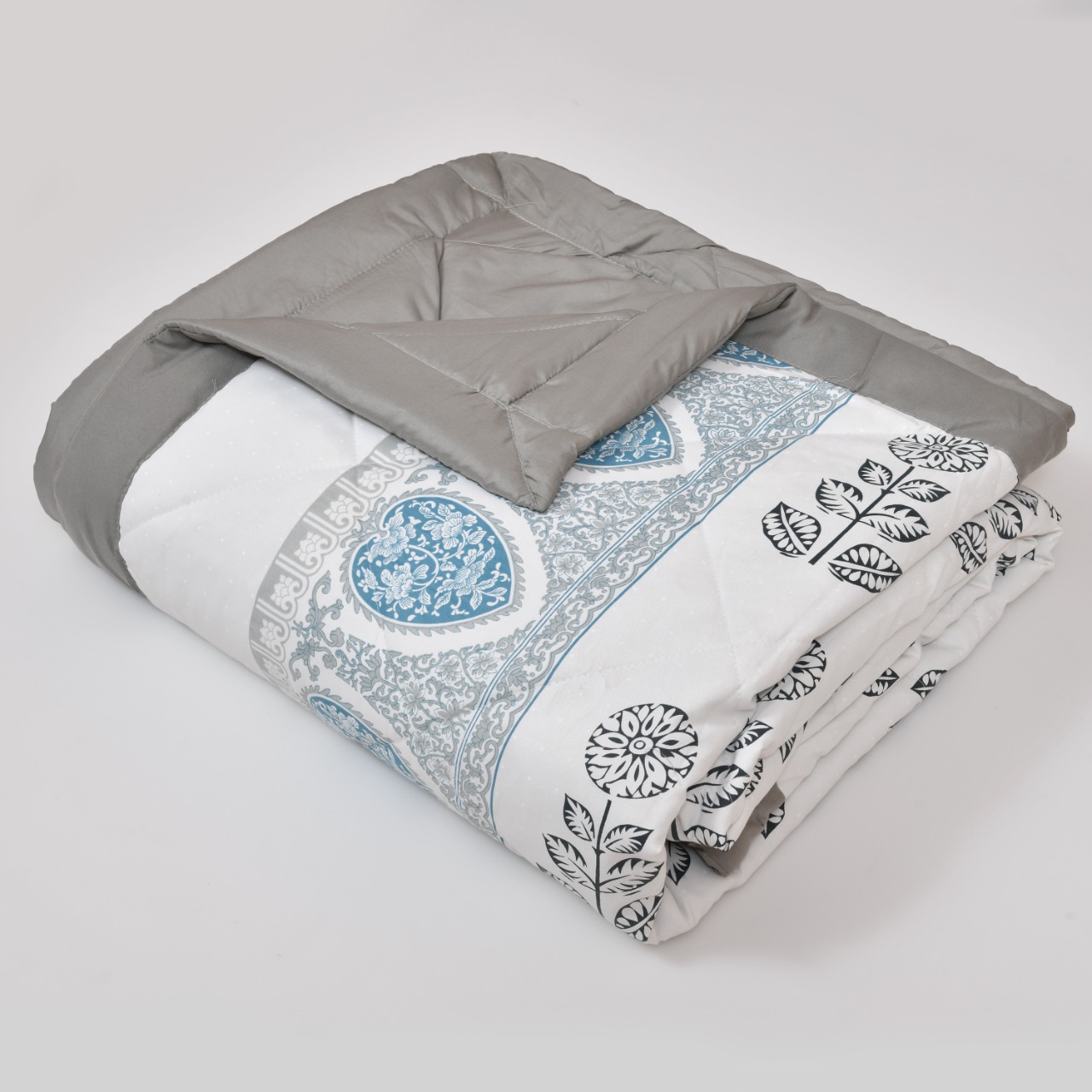 Floral Print Grey Cotton Quilted Bedcover Comforter Blanket