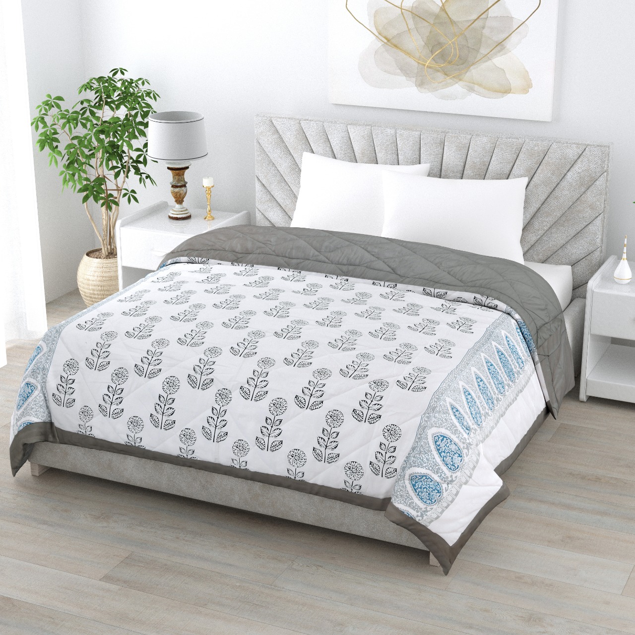 Floral Print Grey Cotton Quilted Bedcover Comforter Blanket