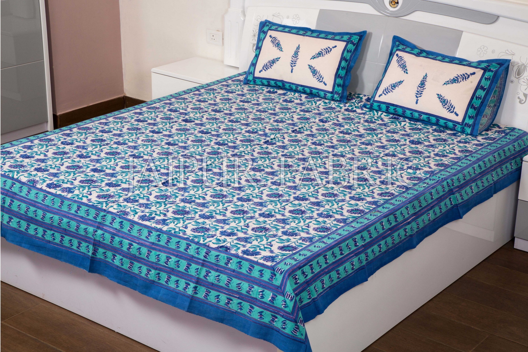 Blue with White Base Floral Hand Block Print Double Bed Sheet with Two Pillow Covers